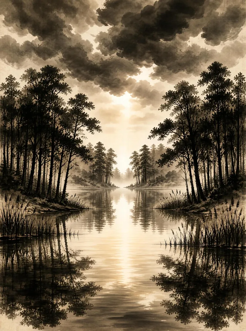 A calm lake surrounded by dense forest, under dramatic clouds with sunlight reflecting on its surface.