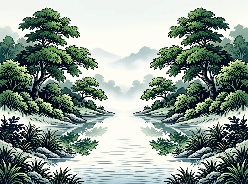 Stylized artwork depicting a symmetric river scene with green foliage on both banks and foggy mountains in the distance.