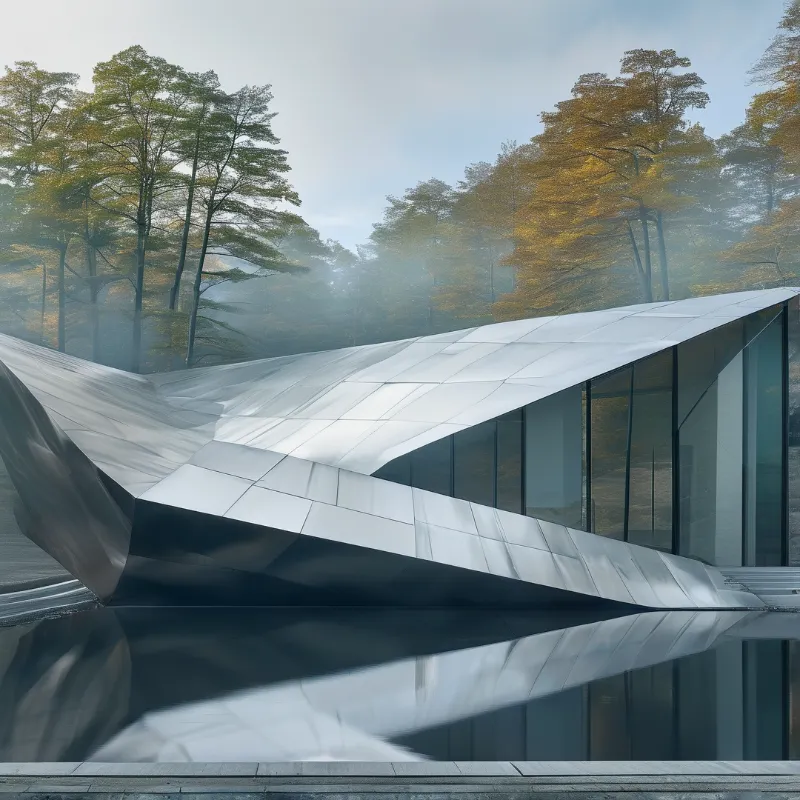 A jagged silver structure sits next to calm water while foggy trees rise behind it.