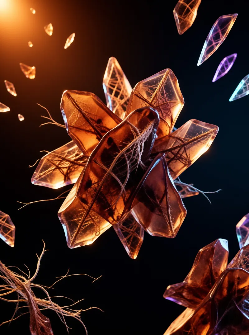 Translucent orange mineral fragments containing fibrous plant matter float in a void lit by warm golden light.