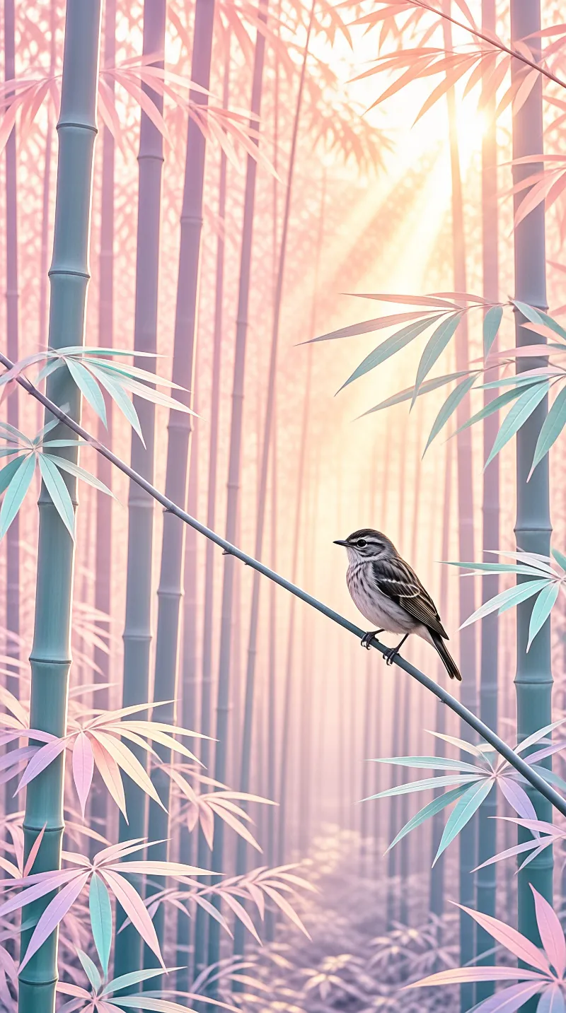 A streaked bird sits on a diagonal bamboo branch surrounded by tall green stalks and pink sunlight.