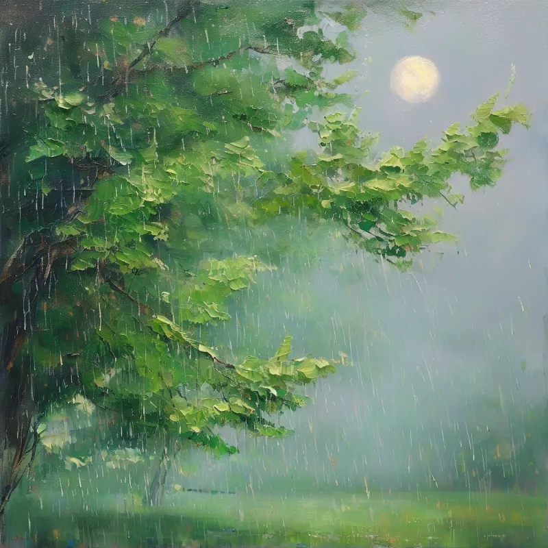 A large green tree leans against a grey sky as heavy rain falls around it with a bright moon shining above