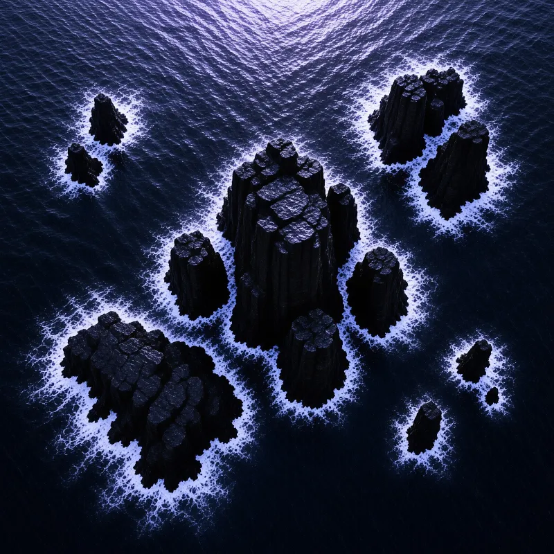 Dark hexagonal rock spires emerge from deep blue ocean water surrounded by churning white foam.