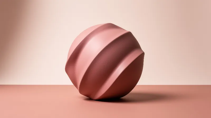 A twisted pink spherical object sits on a flat surface with soft lighting casting shadows to the side.