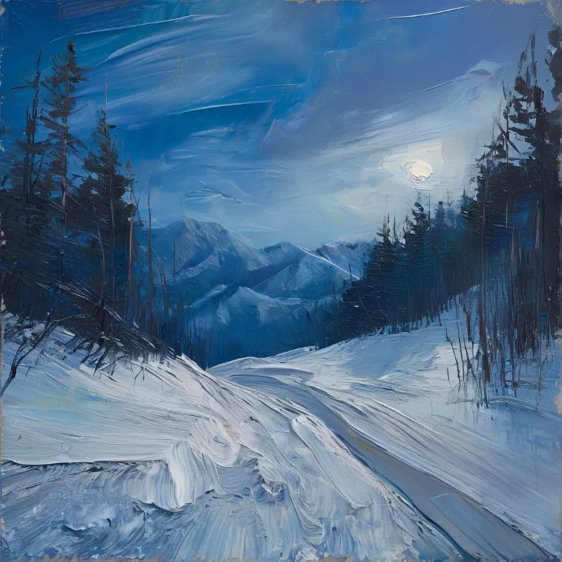 A thick brushstroke painting shows white snowfields leading to dark trees and blue mountains under a bright moon.
