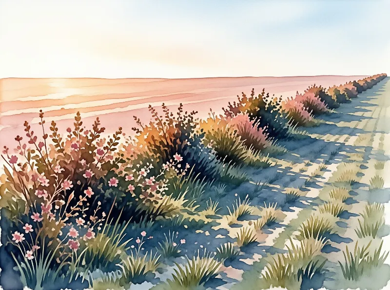 Pink wildflowers and tall grasses cover a field leading to rolling hills under a warm orange and blue sky.