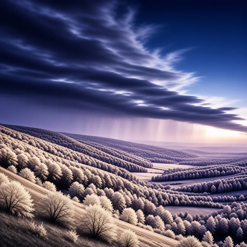 Pale cream trees cover rolling hills under a deep blue sky with rain falling from dark clouds.