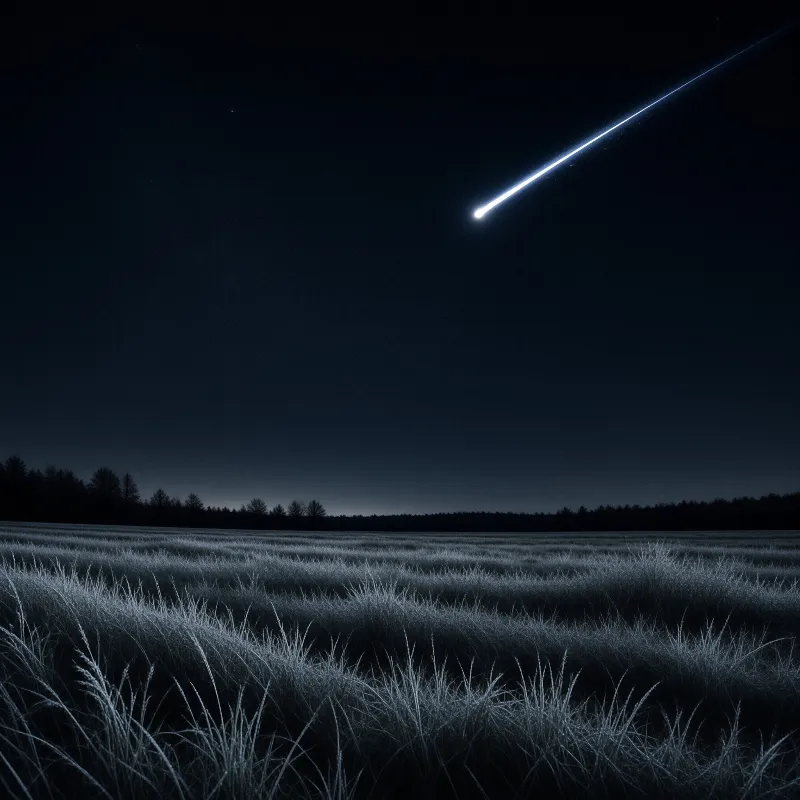 A bright shooting star trails across a dark night sky above a silvery grassy meadow.