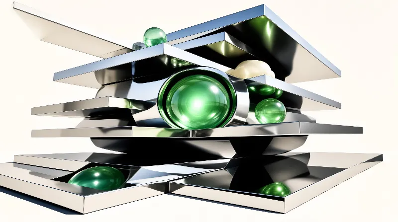 A layered metallic structure featuring silver plates and bright green glowing spheres inside the mechanical assembly.