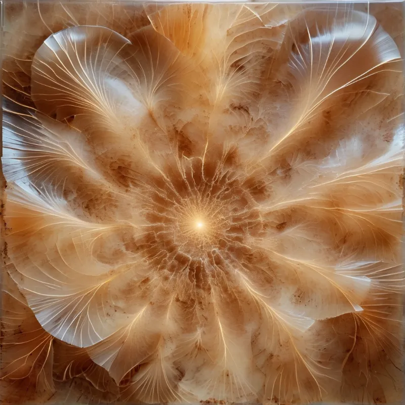 A symmetrical radial composition of translucent warm brown and white dahlia petals spreads from a glowing bright central light.