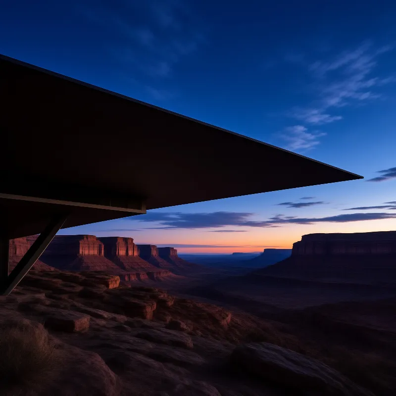 A dark geometric roof frames a vast desert landscape with red rock formations under a gradient twilight sky.