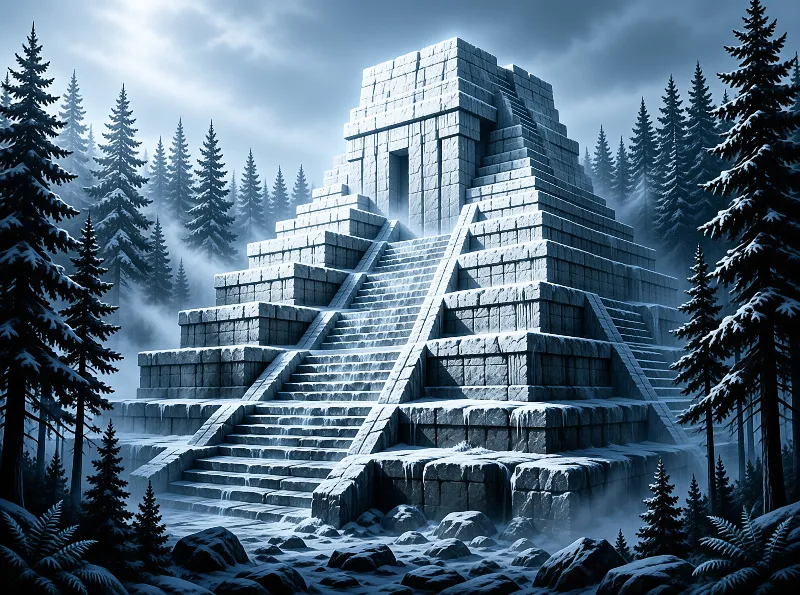 A frost-covered ziggurat of massive blocks rises through mist, its broad stairway framed by snow-laden spruce trees.