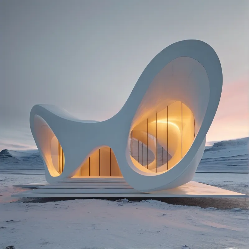 A white curved organic building with large circular openings glows with golden light on a snowy plain near distant hills.