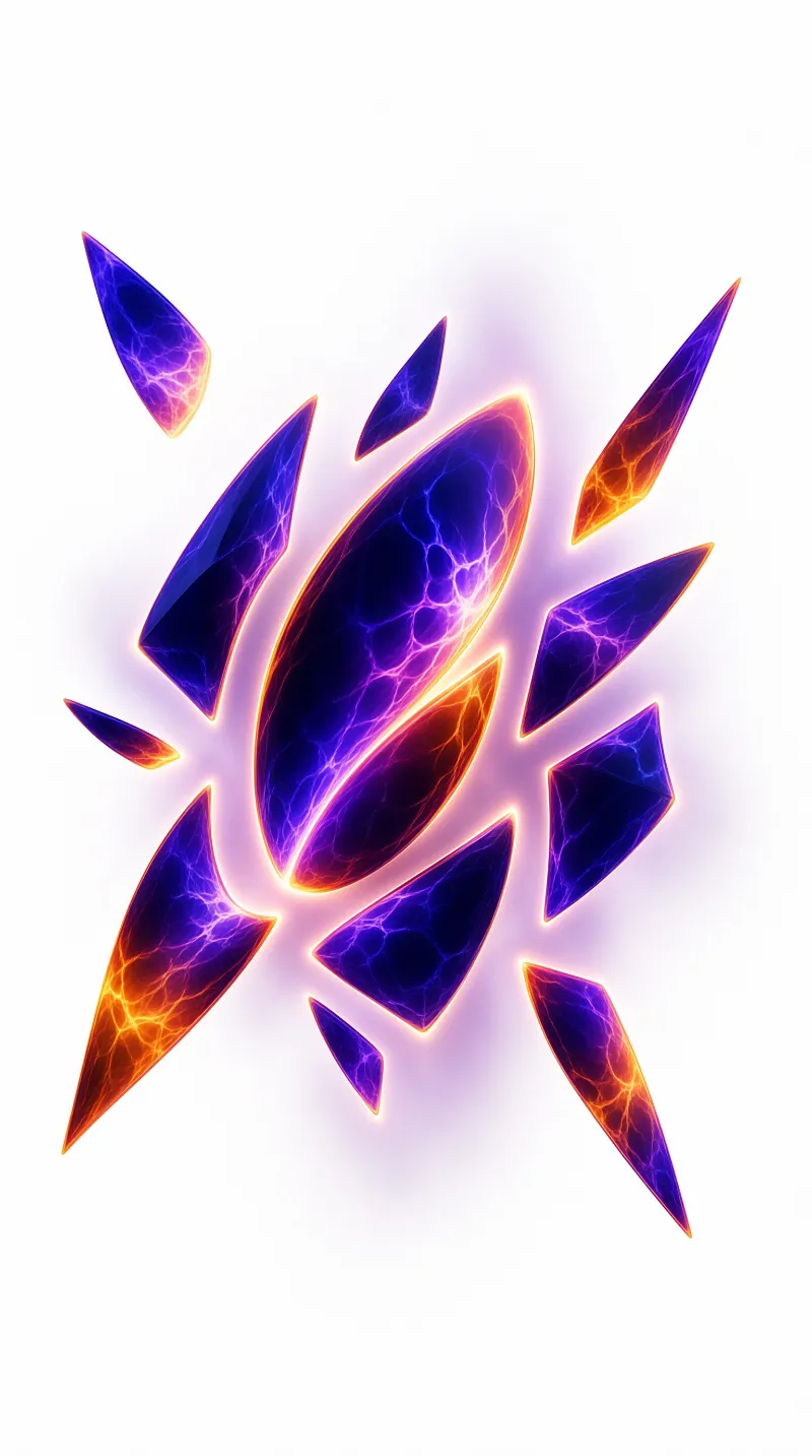 A large violet crystal shard surrounded by smaller fragments glowing with orange light against a white background.