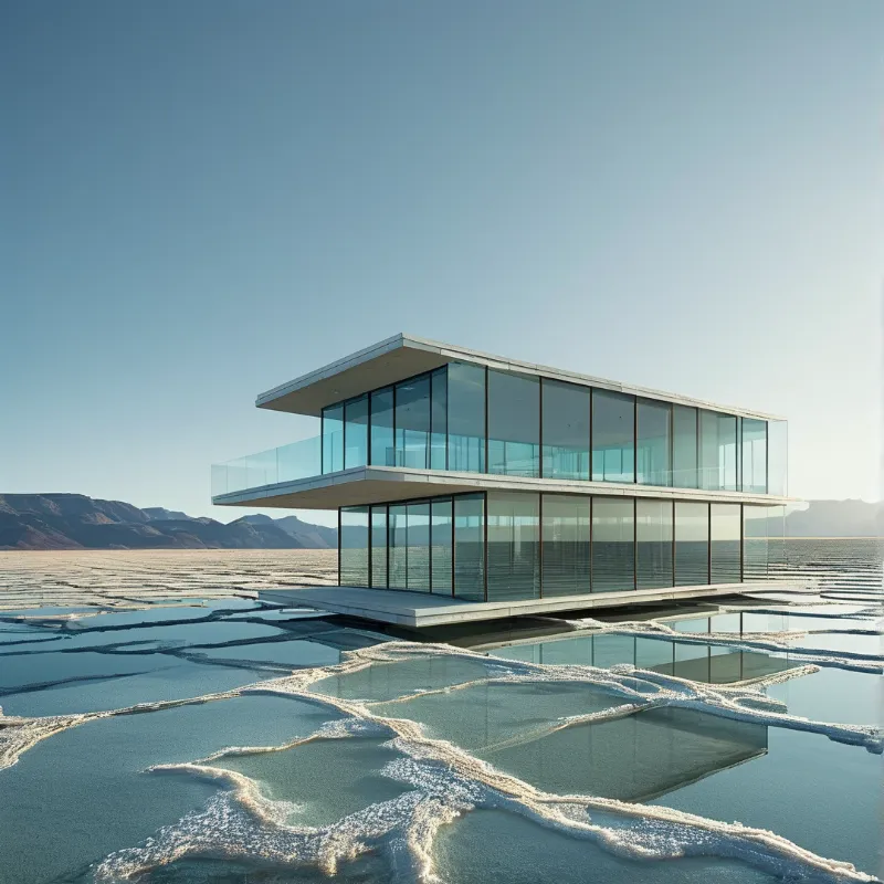 A two-story glass house with a cantilevered roof floats above shimmering salt pans and distant hills.