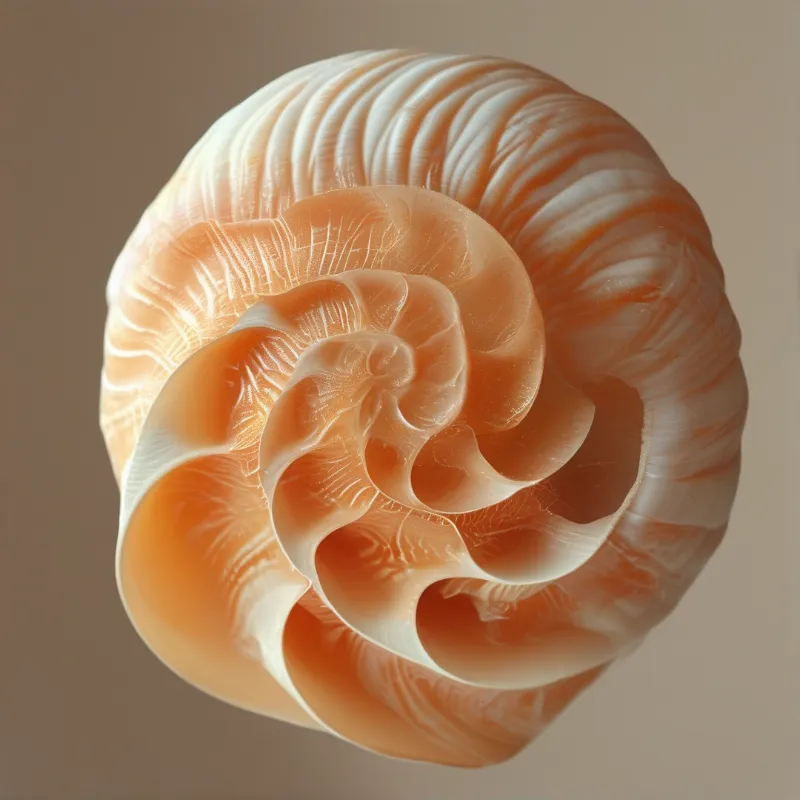 A close-up view of a polished nautilus shell displaying a smooth spiral form with peachy orange hues and white ridges against a neutral beige background.