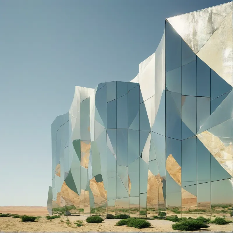 A tall modern building made of angled mirror panels stands in a dry desert, reflecting the pale blue sky and golden sand.