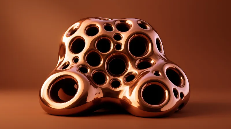 A highly reflective copper object featuring multiple dark holes rests on a smooth brown surface.