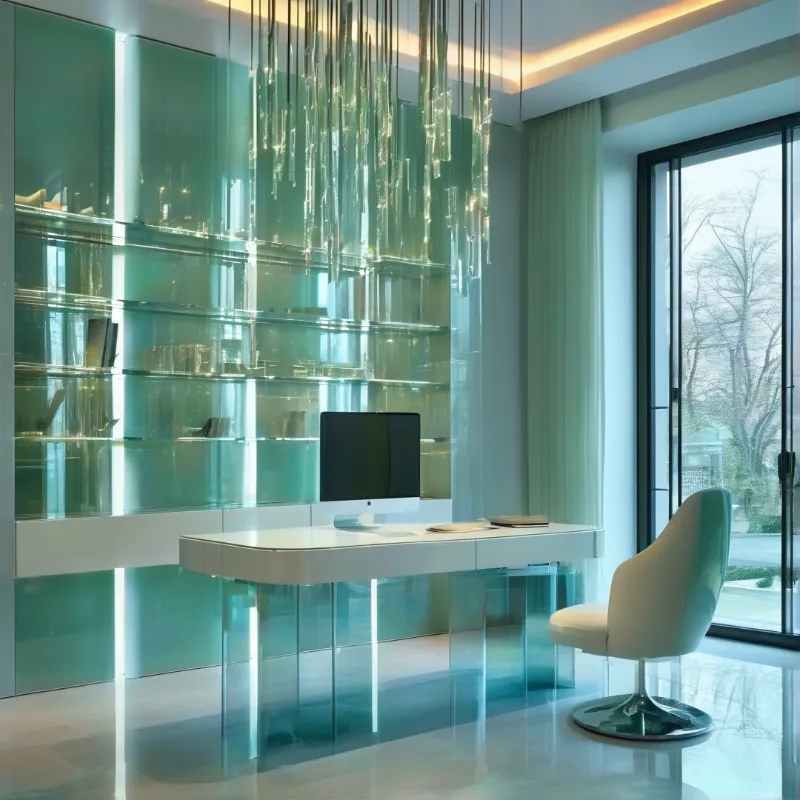 A futuristic office interior with teal glass shelving, a white desk, and glowing crystal rods overhead.