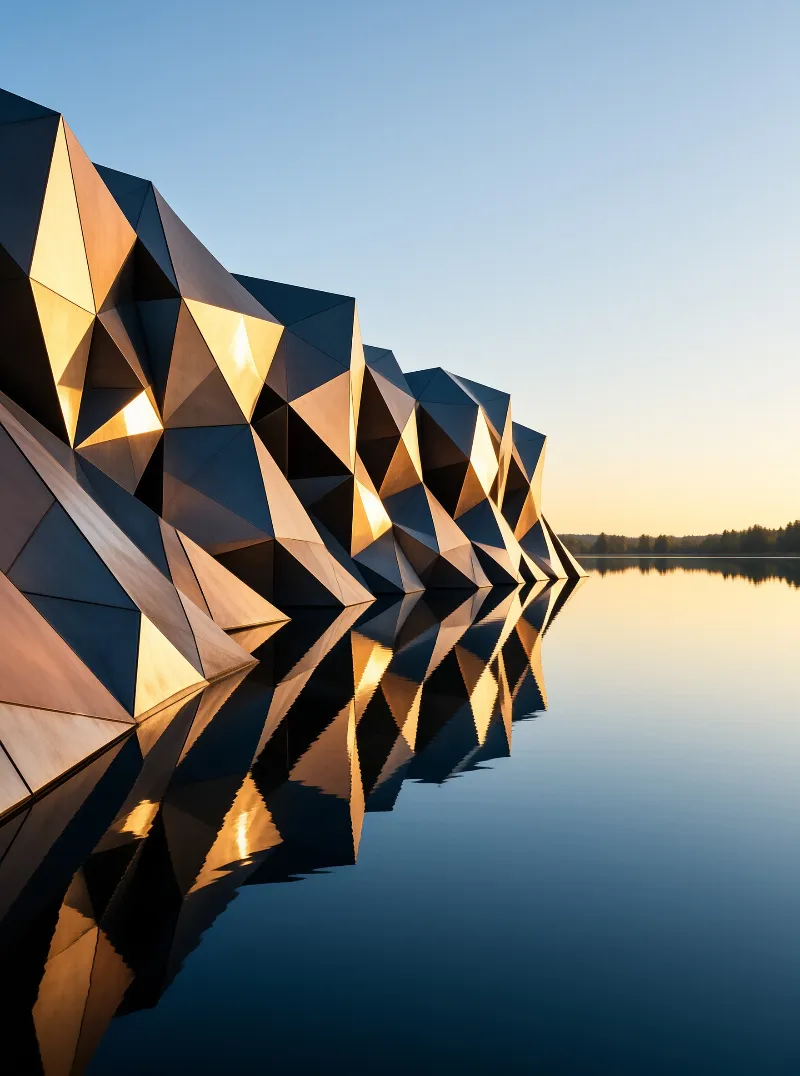 Geometric metallic structures with angular golden panels stand beside dark water that mirrors their sharp shapes at sunset.