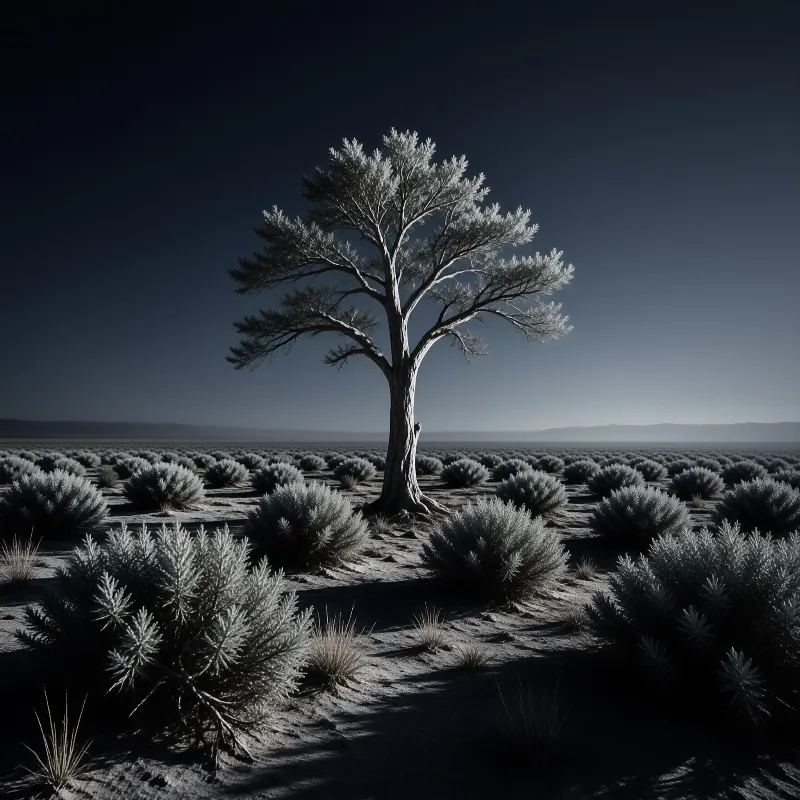 A solitary gnarled tree stands among low shrubs on a flat desert plain under a dark sky in stark black and white
