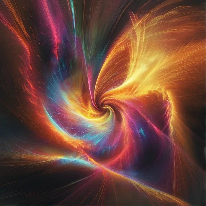 A bright multicolored vortex of flowing light trails winds through deep dark space in a dynamic swirling pattern.