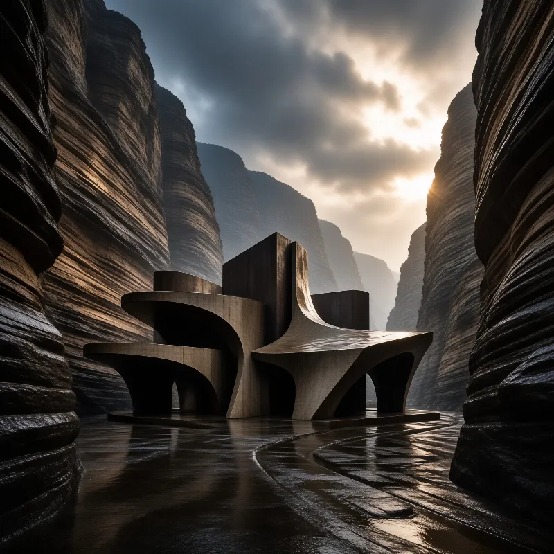 Sweeping concrete fins stand on a wet stone floor, backlit by low sun between layered canyon walls.