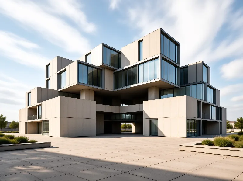 A modern building of offset beige blocks and tall windows stands on an empty paved plaza in soft daylight.