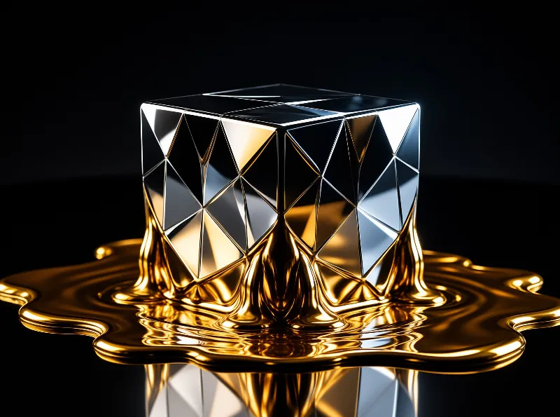 A metallic faceted cube is shown melting into a reflective pool of liquid gold against a dark background.