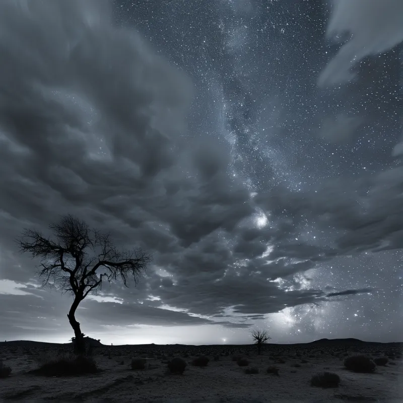 A twisted leafless tree stands silhouetted in a monochrome desert beneath a starry sky with dense clouds and the Milky Way.