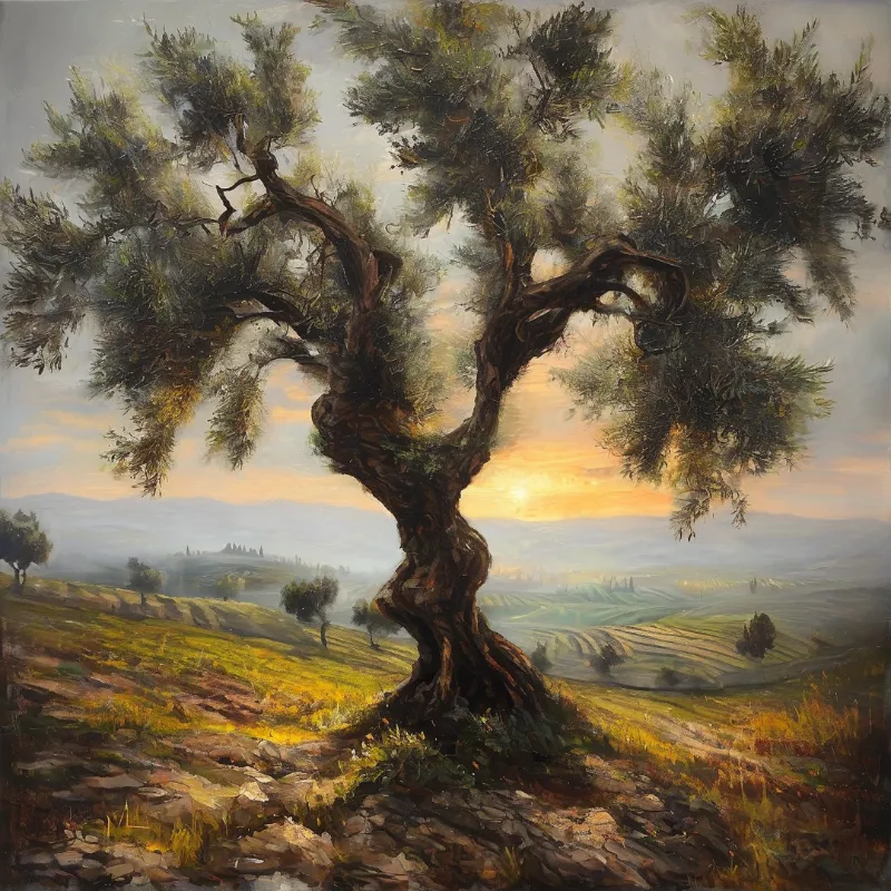 A gnarled olive tree with twisted branches stands on a grassy slope overlooking misty terraced fields in golden sunset light.