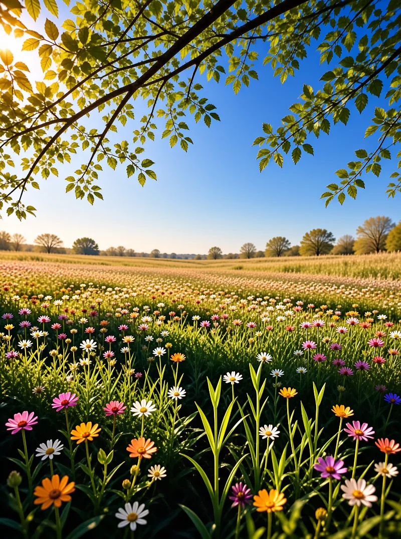Sunlight illuminates a field of multi-colored flowers framed by drooping tree branches against a clear blue sky.