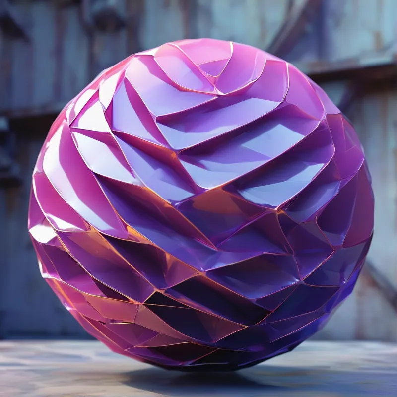 A glossy ball of folded pink and violet facets sits on a concrete floor before a blurred industrial backdrop.