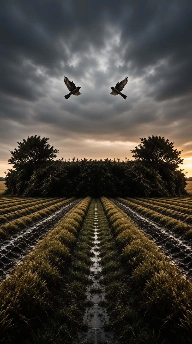 Two birds soar beneath a heavy grey sky over water channels winding through a dark green crop field.