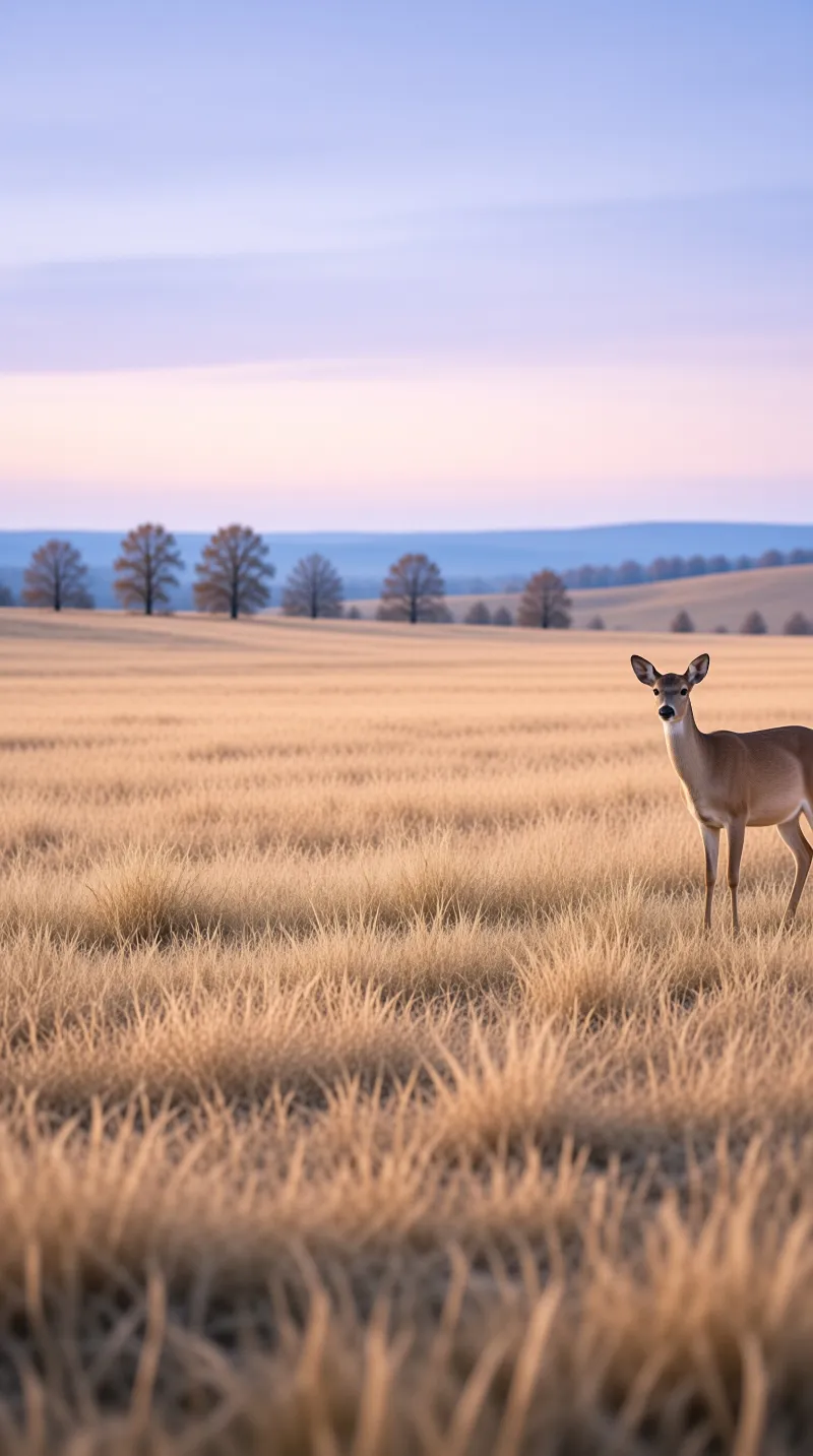 A lone deer stands in a vast field of dry golden grass with distant trees and blue hills under a soft pastel sky.