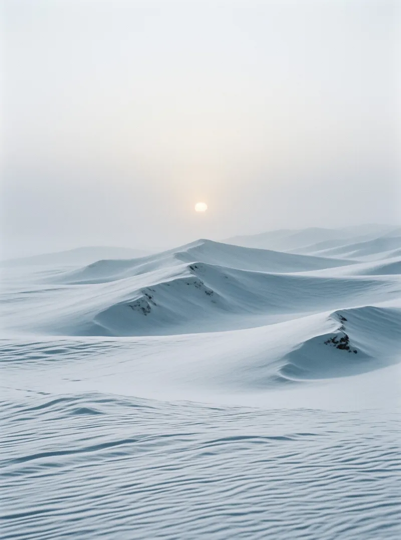 Wind-carved snow ridges stretch across a frozen landscape with a hazy pale sun glowing in a foggy sky