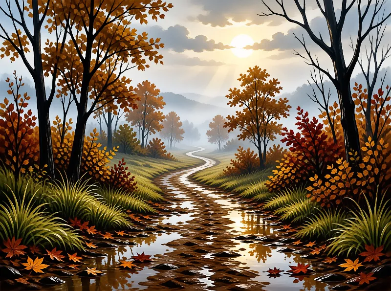 A sunlit path winds through autumn trees with golden leaves and a misty mountain backdrop under a bright sunrise