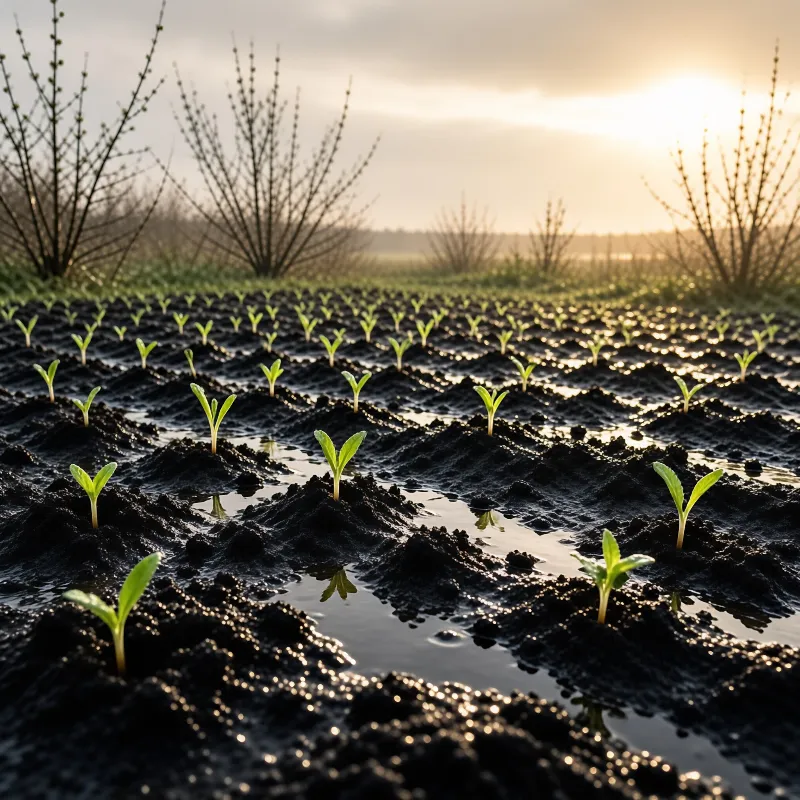 Small green plants grow in neat rows across dark wet soil while sunlight shines over the horizon behind bare bushes.