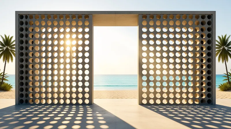 Concrete wall with circular holes frames the ocean while casting patterned shadows on the sandy beach near palm trees.