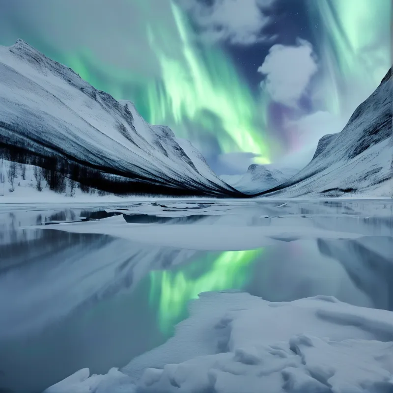 Green northern lights ripple between snow covered ridges and double themselves in the still icy water below