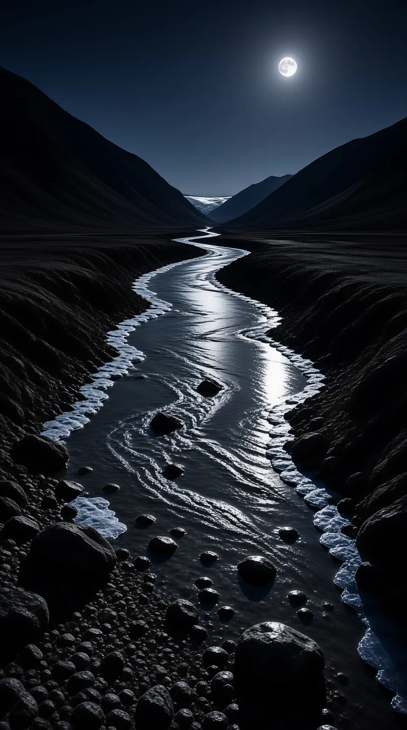 A bright full moon illuminates a silver river winding through a dark rocky valley toward distant snow capped mountains.