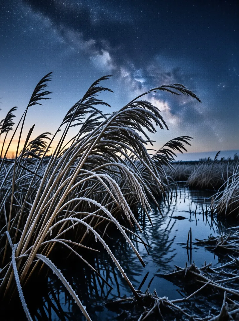 Frost-covered reeds grow in dark water beneath a starry sky with the Milky Way visible above the horizon.
