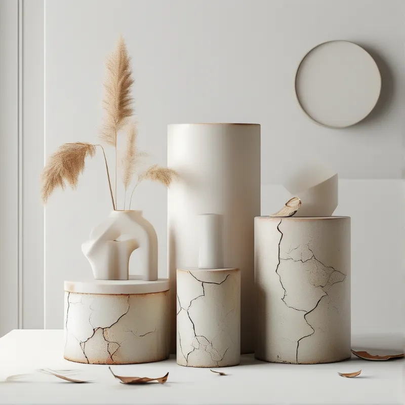 Several cylindrical pedestals with cracked white finishes support sculptural vessels and dried pampas grass under soft natural light inside a minimalist white room.