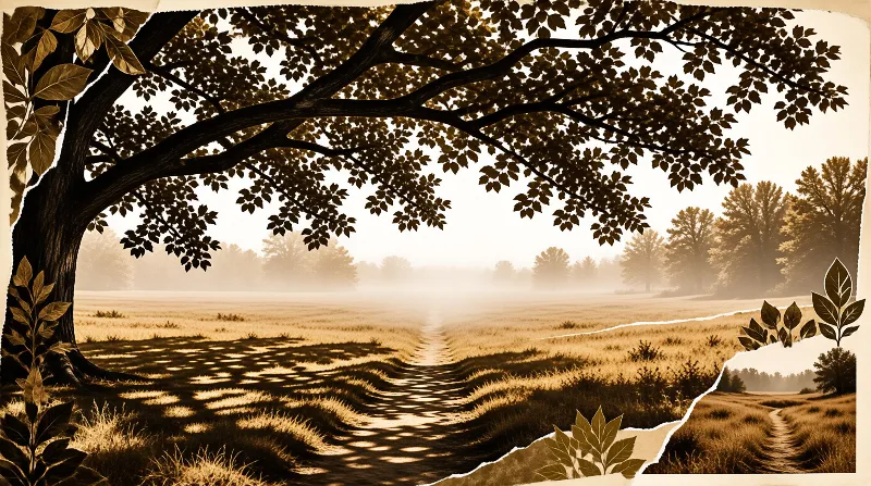 A large tree stands on the left of a grassy field with a dirt path leading through mist towards distant trees in sepia tones.