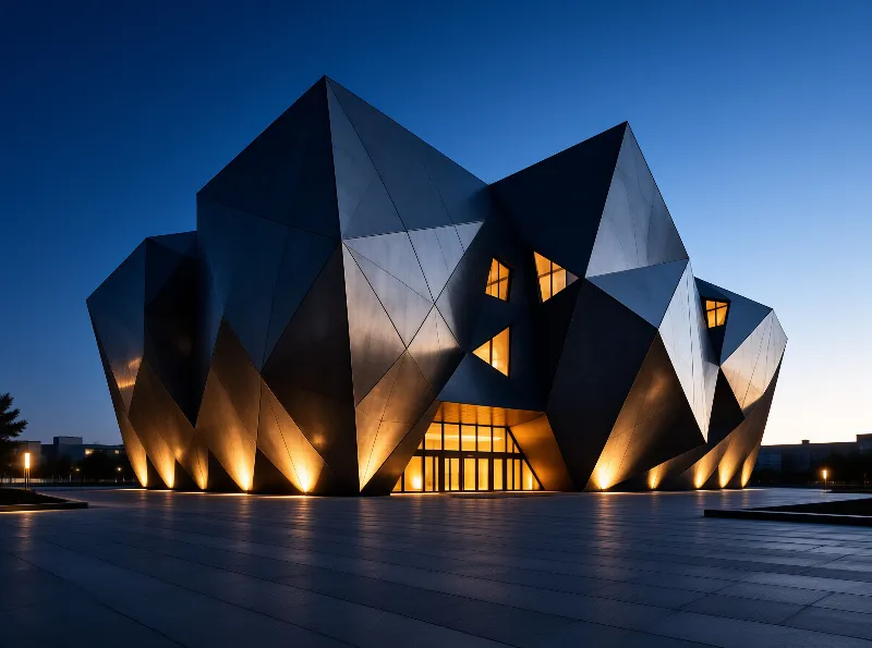 A sharp geometric building stands on a paved plaza at dusk while warm interior lights shine against a deep blue sky.