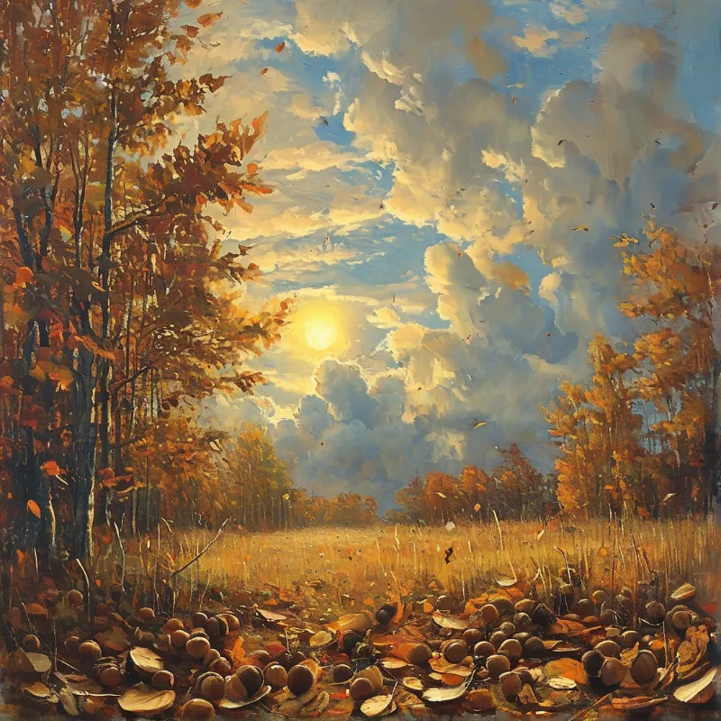 Chestnuts lie on fallen leaves in an autumn glade, with a bright sun shining through clouds above golden trees.