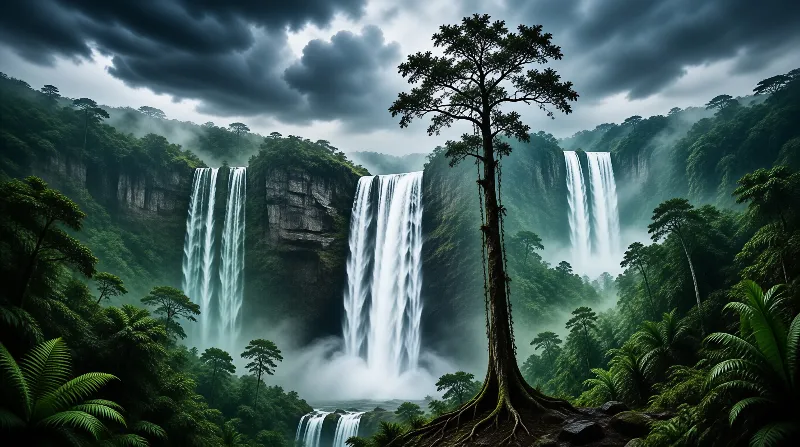 Three large waterfalls cascade down rocky cliffs into a misty green forest under dark storm clouds.
