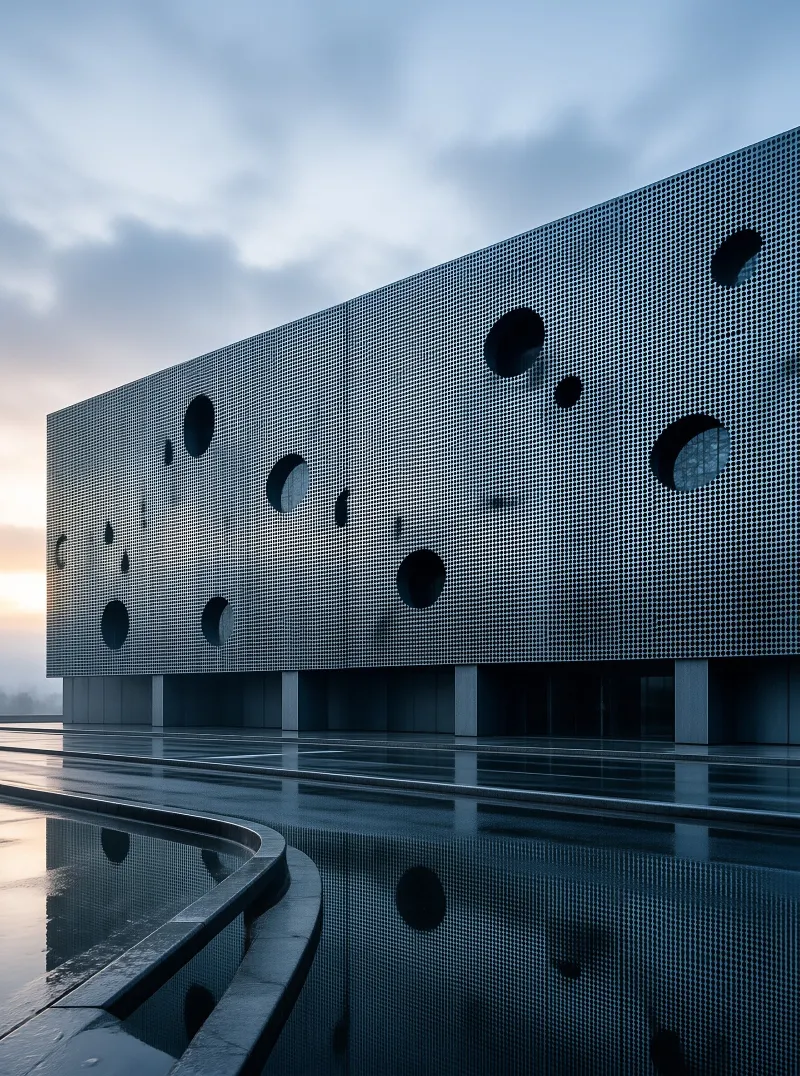 A minimal facade with circular cutouts stands beside a calm reflecting pool during the blue hour.