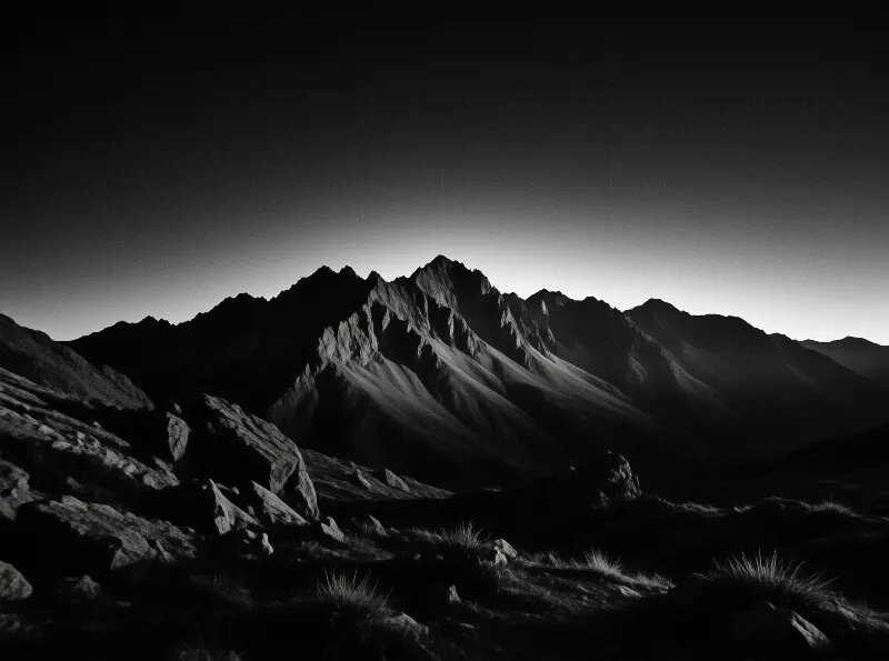 A high contrast black and white image displays a rugged mountain ridge with steep rocky slopes rising above a foreground of scattered stones and sparse grass tufts against a gradient sky.