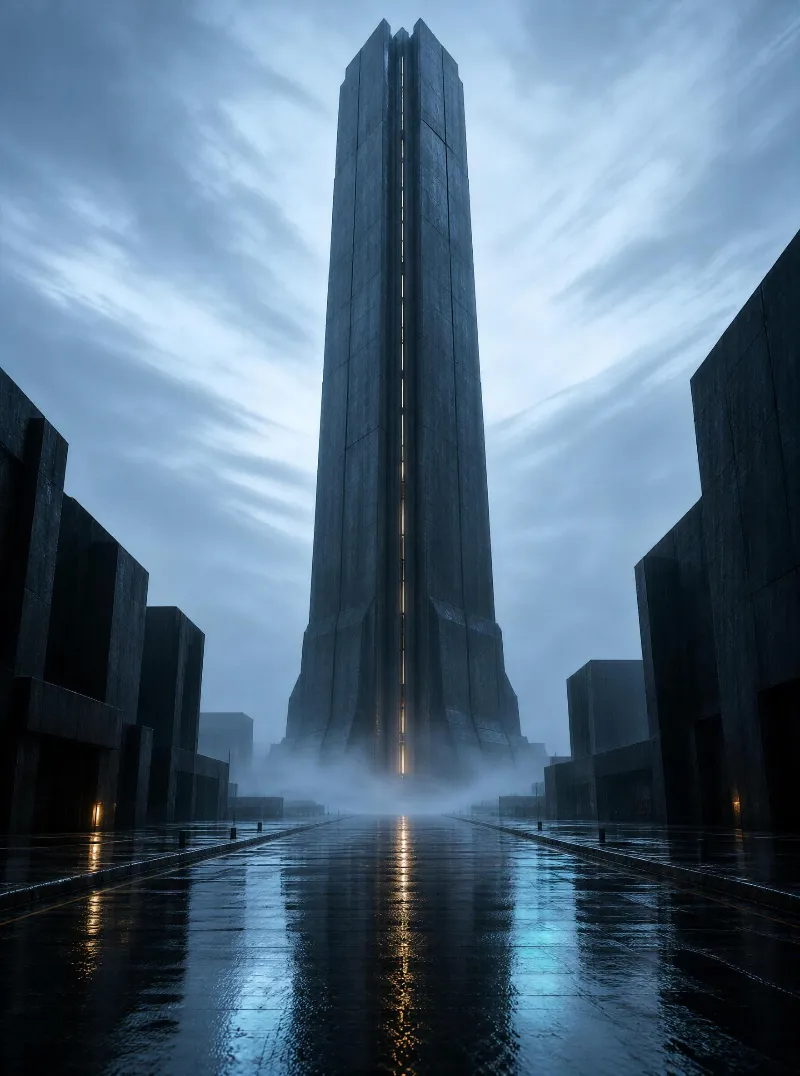 A tall dark concrete tower with a vertical light strip stands in a wet misty plaza between low buildings under a cloudy sky